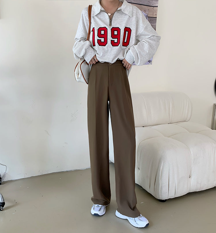 Casual Single Button Women Straight Pants Autumn Winter Pantalon High Waist Female Suit Pants