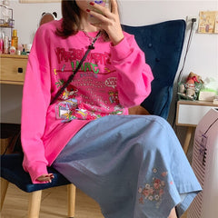 QWEEK Kawaii Pink Strawberry Print Women Hoodie Korean Fashion Oversize Sweatshirt American Retro Streetwear Cute Pullover Tops