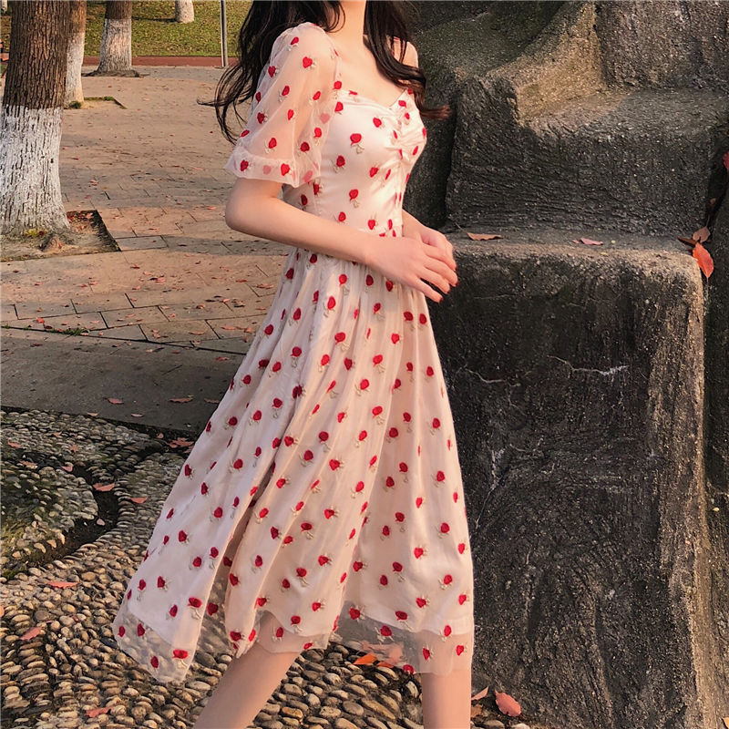 Vintage Elegant Point Lace Korean Party Dresses Lady Short Sleeve Dress for Women Female A-Line High Waist Vestidos 2022