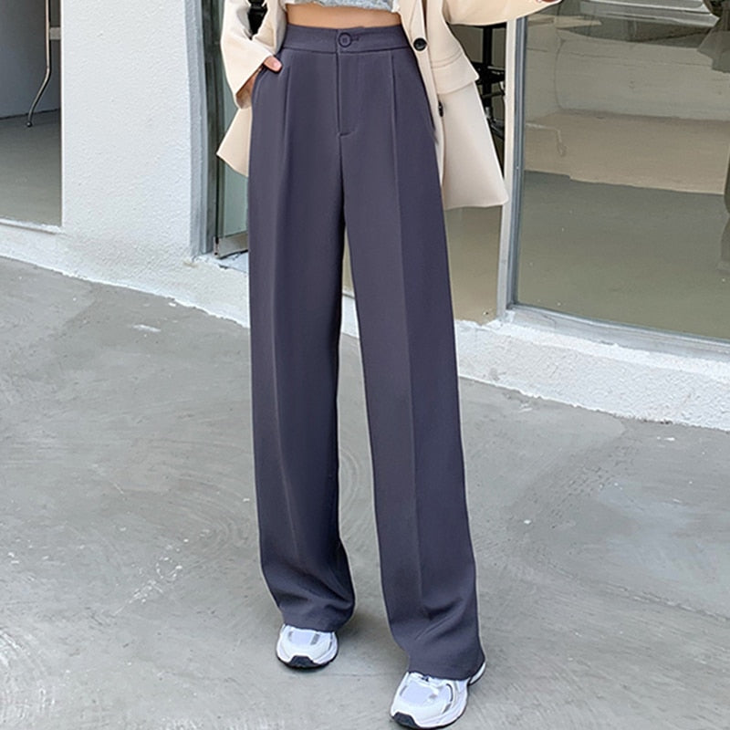 Casual Single Button Women Straight Pants Autumn Winter Pantalon High Waist Female Suit Pants