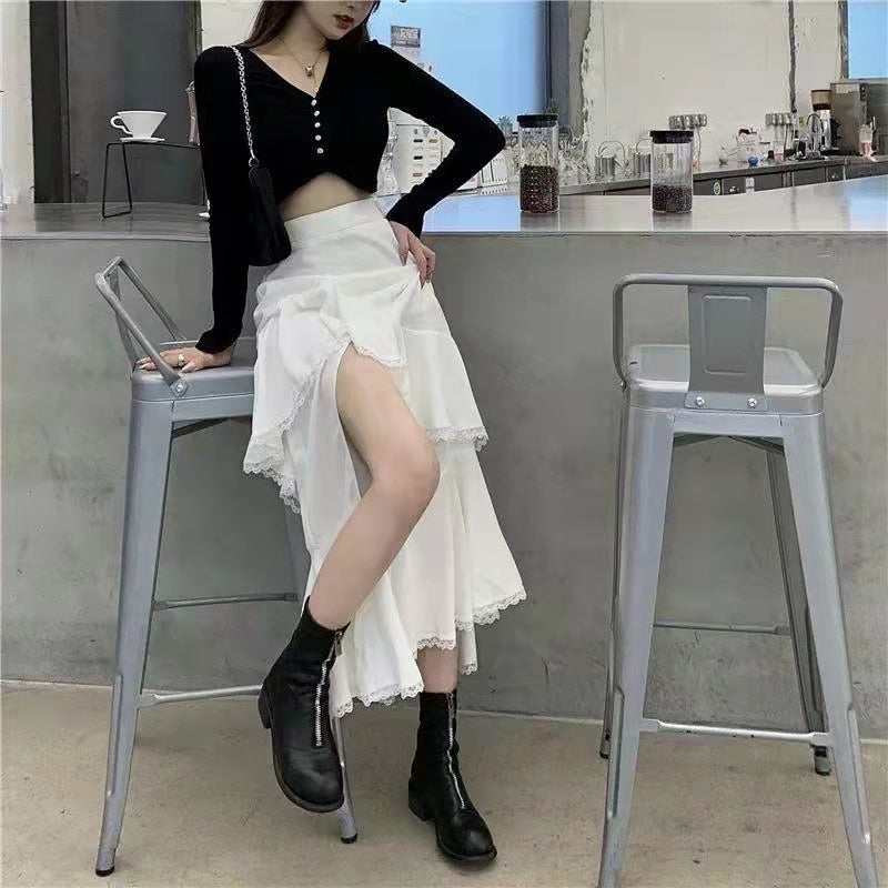 Casual High Waist Irregular Skirt Women White Korean Designer Ruffles Split Skirt Slim Office Lady Streetwear Chic Party Clothes