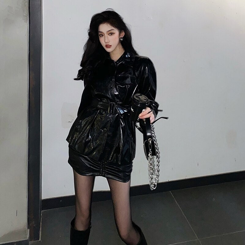 Black Sashes Leather Moto Jacket Women Outerwear Korean PU Biker Jacket Female 2021 Spring  Designer Streetwearfashion Coat Chic