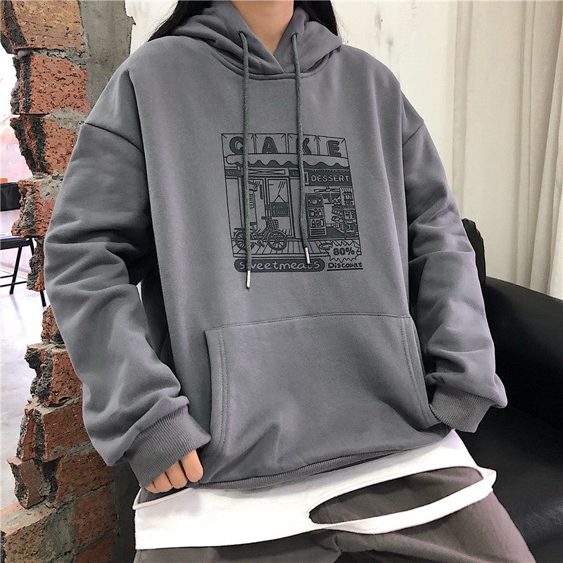 Hoodies Women Printed Thickening Hooded Plus Velvet BF Unisex Couples Pullover Sweatshirt Streetwear Hip-Hop All-match Oversize