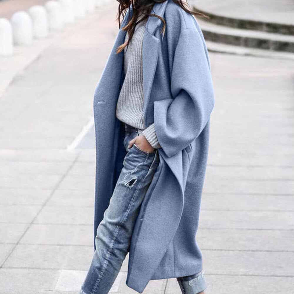 Woolen Coat Women Turndown Collar Casual Long Solid Color Buttons Warm Woolen Jacket Fashion Ladies Overcoat 2022 Street Shot