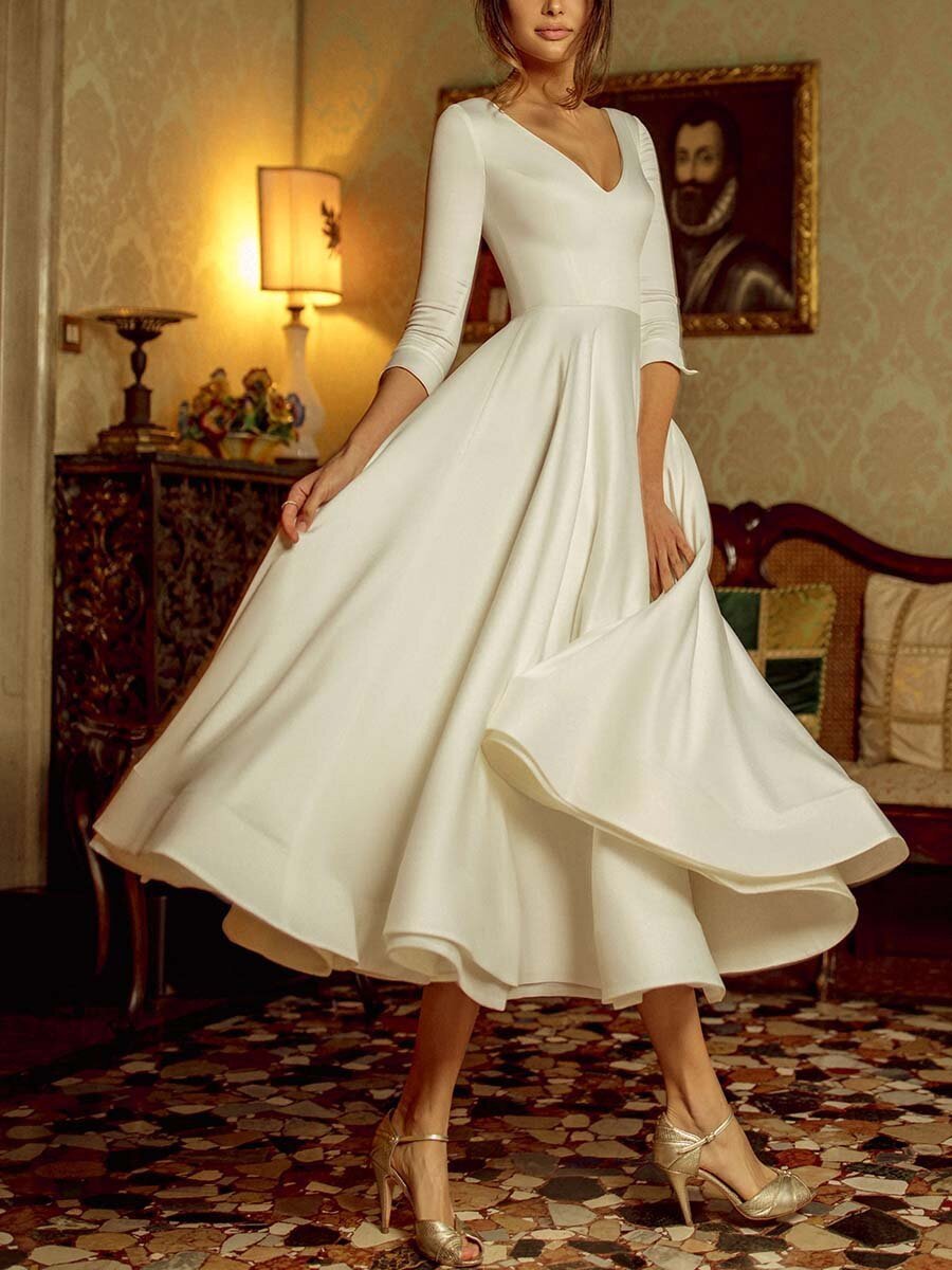 Wepbel Evening Formal Dress Robe Bustier V-neck Ball Dress Women Long Sleeve Slim Fits High Waist Swing Dress Solid Color
