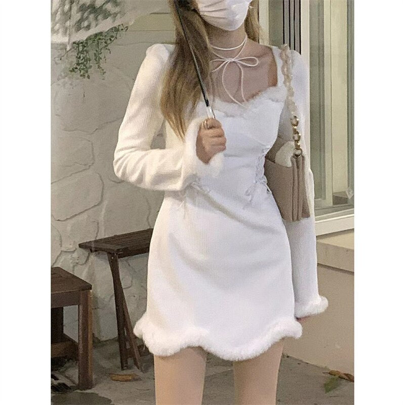 Christmas Party Women'S Dress Square Neck Long-Sleeved Plus Velvet Mini Dresses Elegant Dress For New Year 2022 Evening