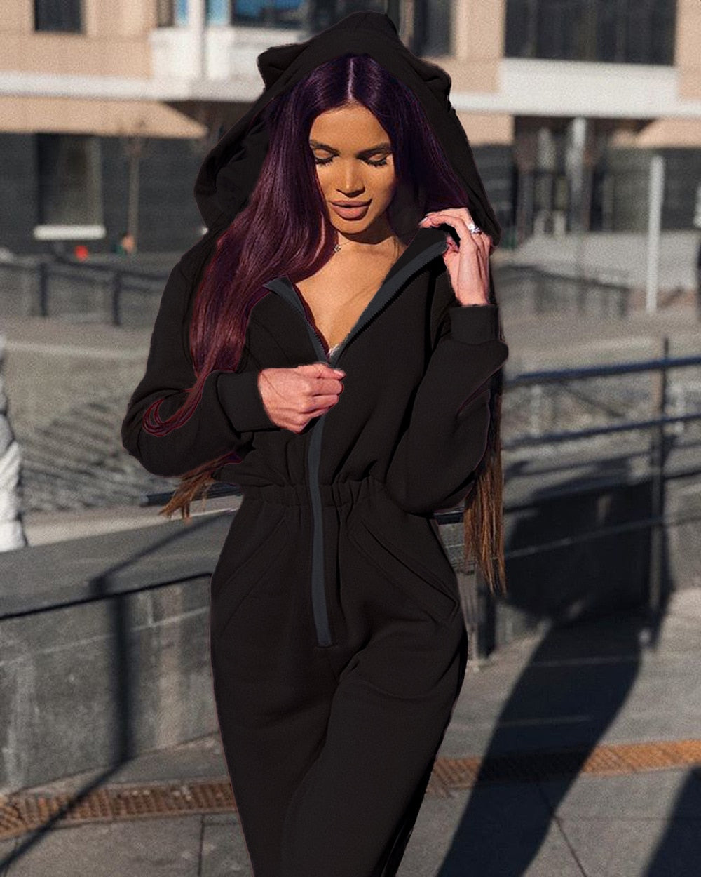 Lizakosht Bodysuit Women Direct Selling Polyester Sexy Bodysuit Hot Selling Women's Jumpsuit Loose Zipper Waist Belt Hood Casual