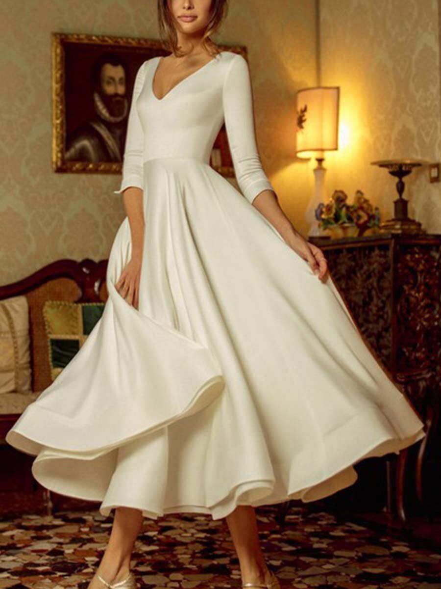 Wepbel Evening Formal Dress Robe Bustier V-neck Ball Dress Women Long Sleeve Slim Fits High Waist Swing Dress Solid Color