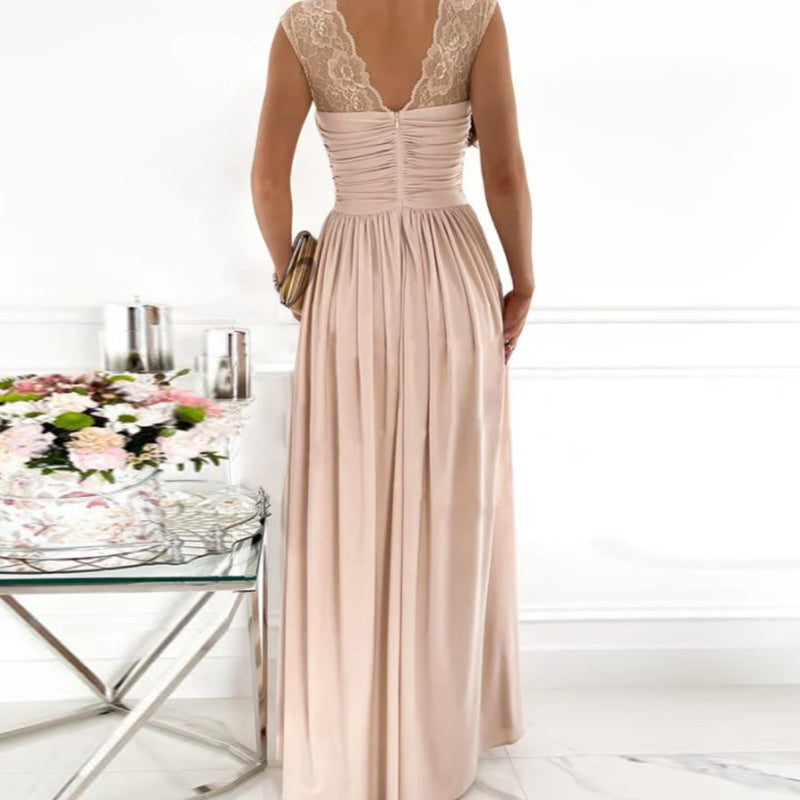 Lizakosht  Sexy Pleated V Neck Lace Party Long Dresses Women Elegant Back Zipper Maxi Dress Ladies Sleeveless High Slit Long Dress Mujers