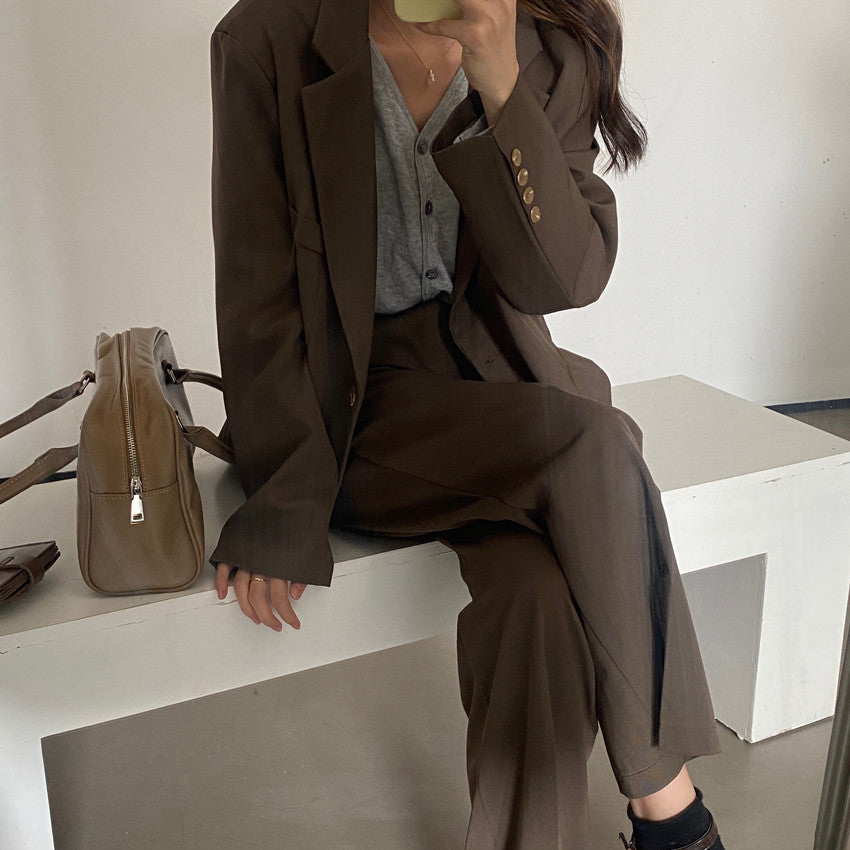 New Fashion Vintage Blazer Pants Suit OL Elegant Business Wear Blazers + High Waist Wide Leg Pants Suits 2 Piece Set