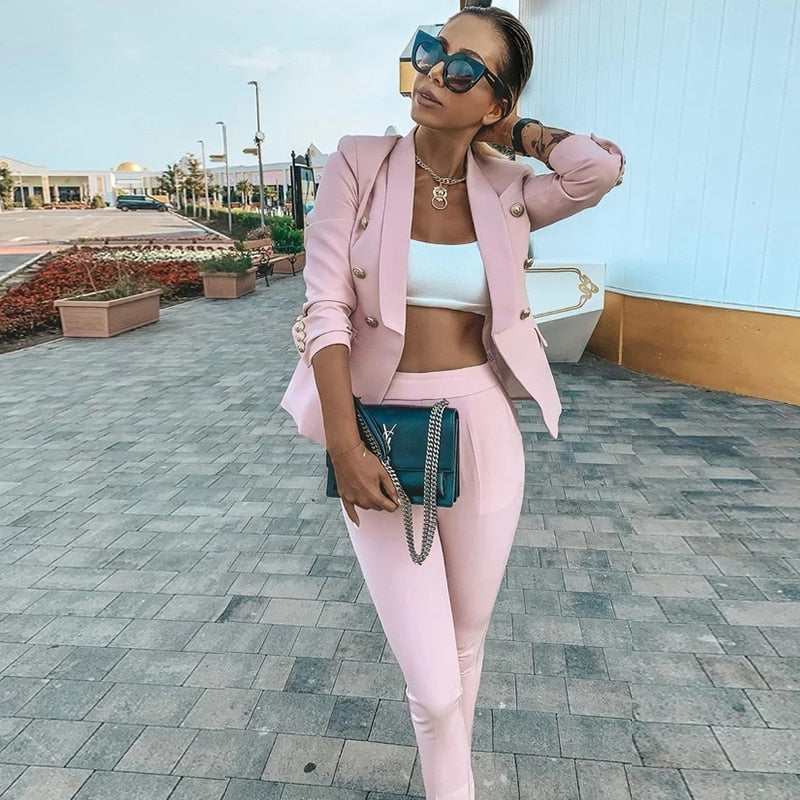 Office Ladies women's pantsuit Red Pink Business Classic Double-breasted Buttons Nine Blazer Pants Set Two Piece Formal Suits