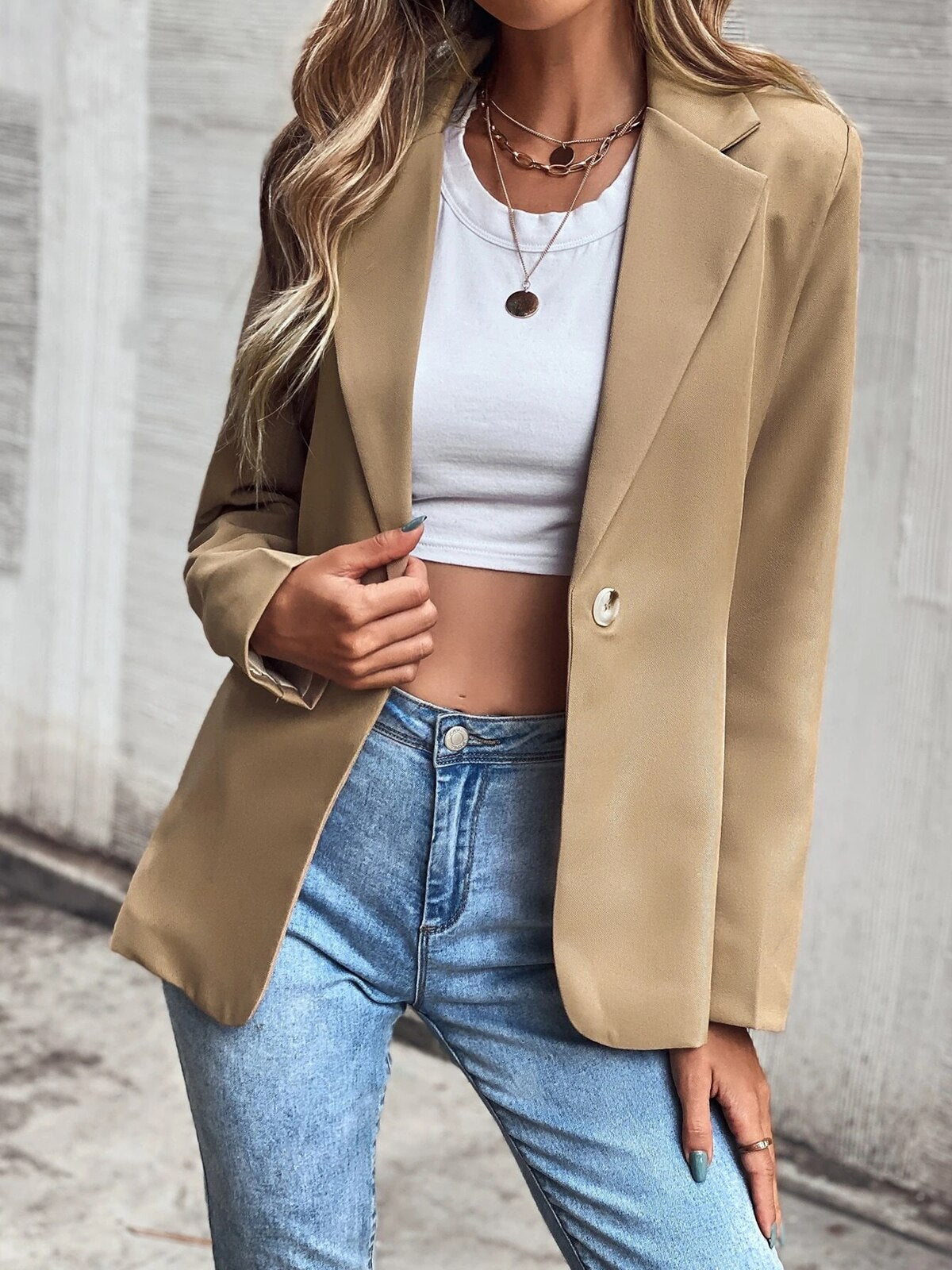 Lapel Collar Blazer Women Long Sleeve Elegant Button Down Office Lady Jacket Spring Autumn Solid Color V Neck Vintage Blazers