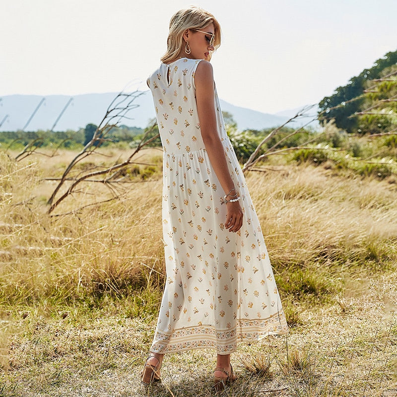 Lizakosht Sleeveless Summer Women Dress Floral Print O-Neck Boho Long Dresses Hippie Chic Casual Beach Maxi Dress Vestidos
