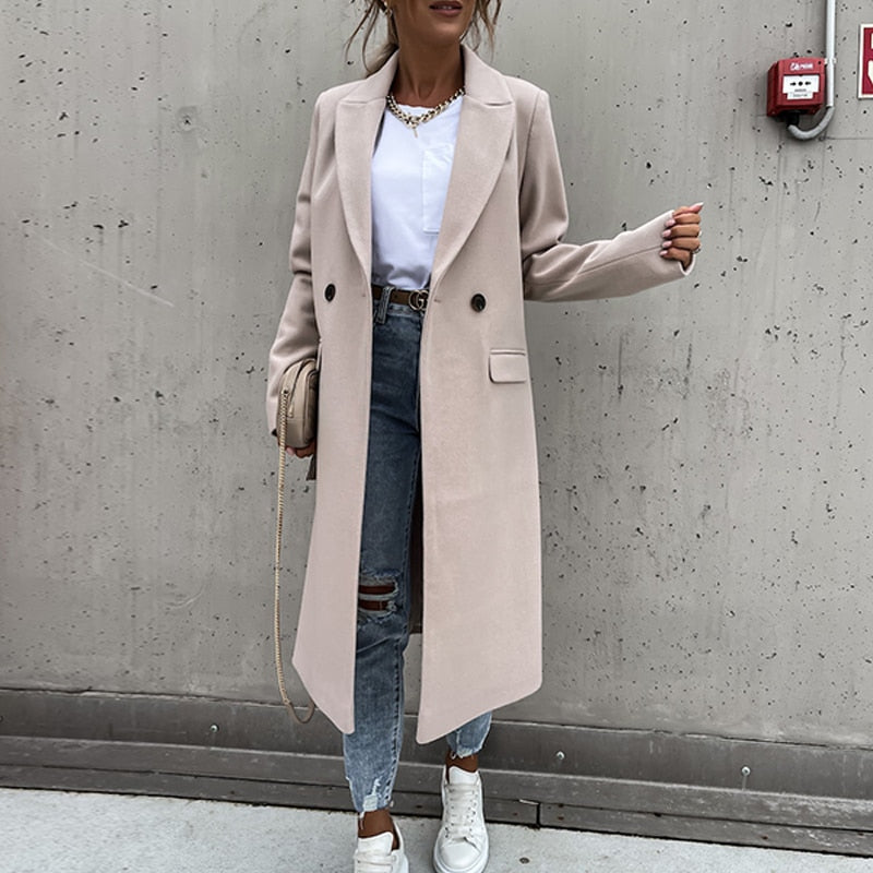 New Fashion Elegant Women Long Overcoat Autumn Winter Turn-Down Collar Woolen Coat Tops Office Lady Casual Loose Outwear