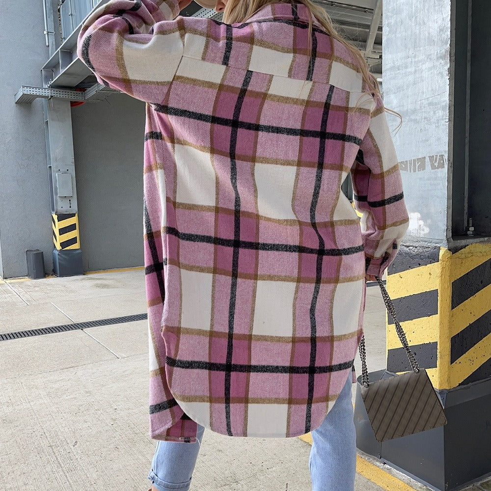 Women Vintage Warm Shirt Jacket Autumn Winter Plaid Long Shirt Jacekt Casual Loose Buttons Pockets Turn down Shirt Coat