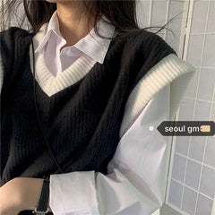 Knitted Vest Women  Korean style Chic retro college style Western style age-reducing hit color versatile V-neck vest commut