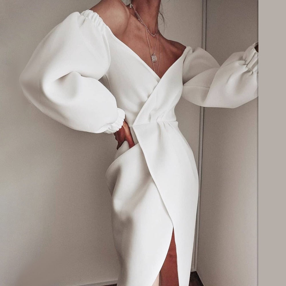 Sexy V Neck Women Wrap Dress Lantern Sleeve Slit Dresses Night Celebrate White Black Party Date Robe Vestidos Female New Fashion