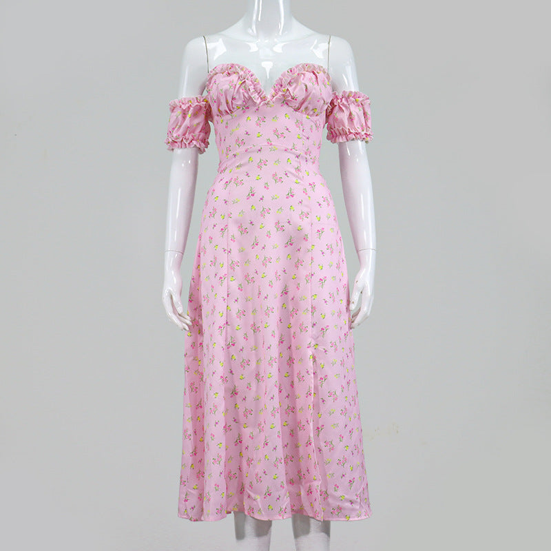 Strapless Side Split Corset Dress Beach Dress Summer Pink Floral Long Dress Women Sexy Off Shoulder Ruffles Party Dresses