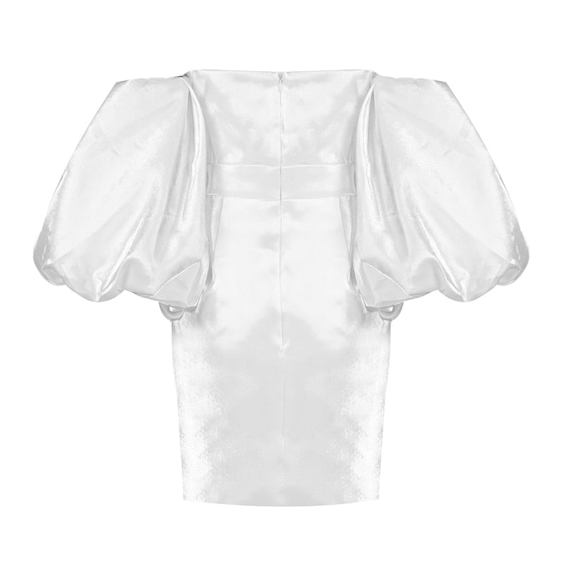 Summer New Women Sexy White Pink Off The Shoulder Puff Sleeve Draped Mini Runway Club Party Dress