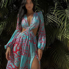 Sexy Bikini Long Sleeve Cover-ups Print Loose Dress 2022 Autumn Women Plus Size Beachwear Swimsuit Cover Up Sarongs A954