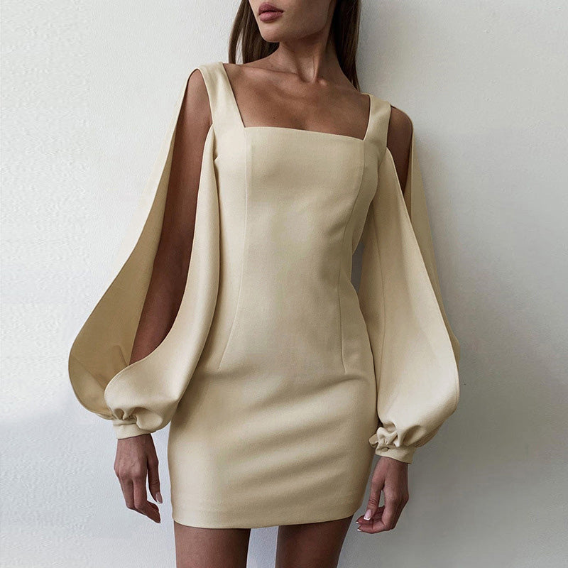 Lizakosht  Elegant Square Collar Lady Party Dresses 2022 Office Fashion Slit Hollow Out Sleeve Slim Mini Dress Lantern Sleeve Women Dress