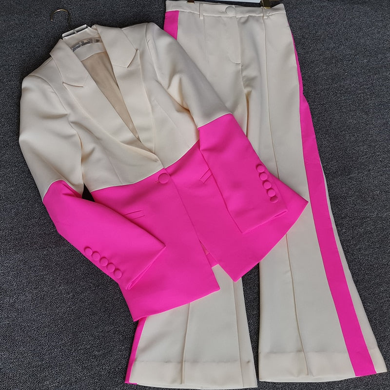 Lizakosht Blazer Pants Suit Two Piece Set Office Ladies Women Color Match Business Single Button Flared Pants Blazer Pants Formal Suit