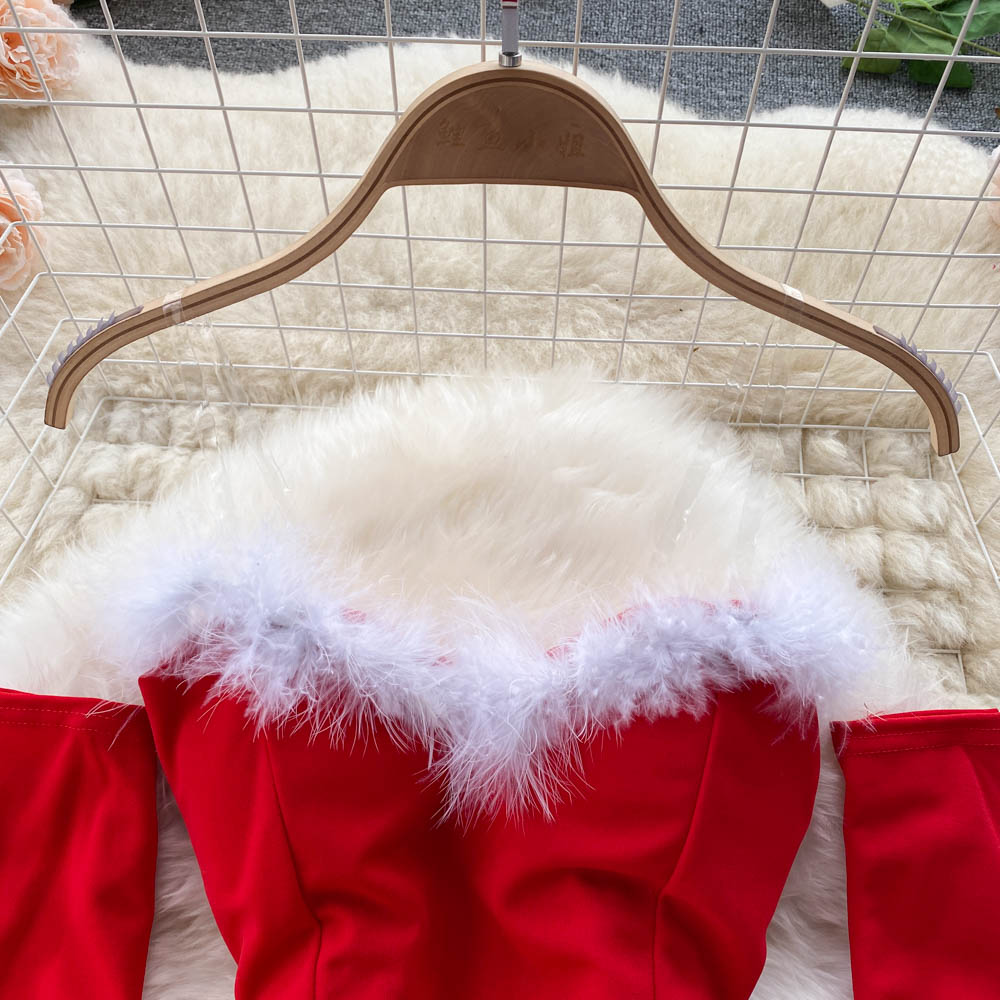 Women Elegant Dress For New Year 2022 Strapless Backless Furry Sexy Short Mini Christmas Dress Navidad Red Party Dress Femme