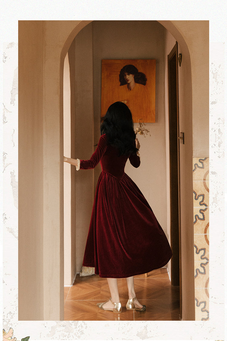Vintage Velvet Dress Woman Solid Claret & Purple Color Square Collar Ruffles Elegant Lady Dinner Dresses Retro Vestido Festa