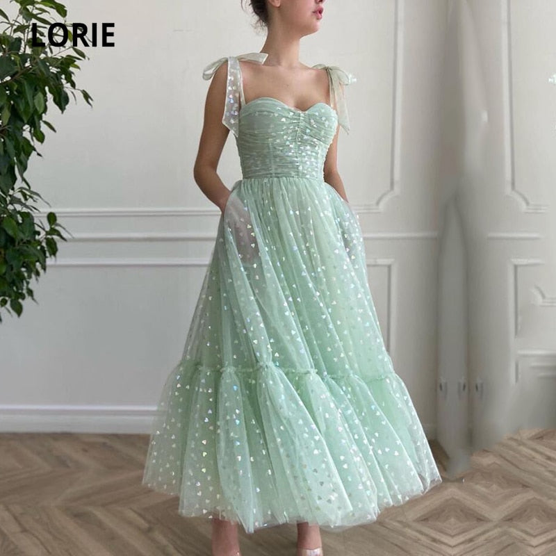 Lizakosht  Glitter Prom Dresses Mint Green Adjustable Straps Shiny Love Tulle Tea Length Arabic Wedding Party Graduation Dress 2021