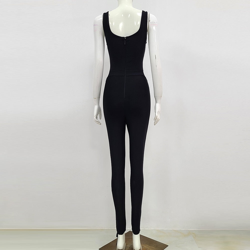High Quality Black White sleeveless Weaving Rayon Bandage Jumpsuit Cocktail Party Bodycon Jumpsuit Vestidos