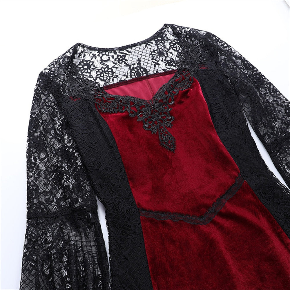 Gothic Dark Mesh Midi Dress Women Victorian Costume Velvet Robe Renaissance Witch Medieval Dresses Cosplay Wizard Halloween Y2k