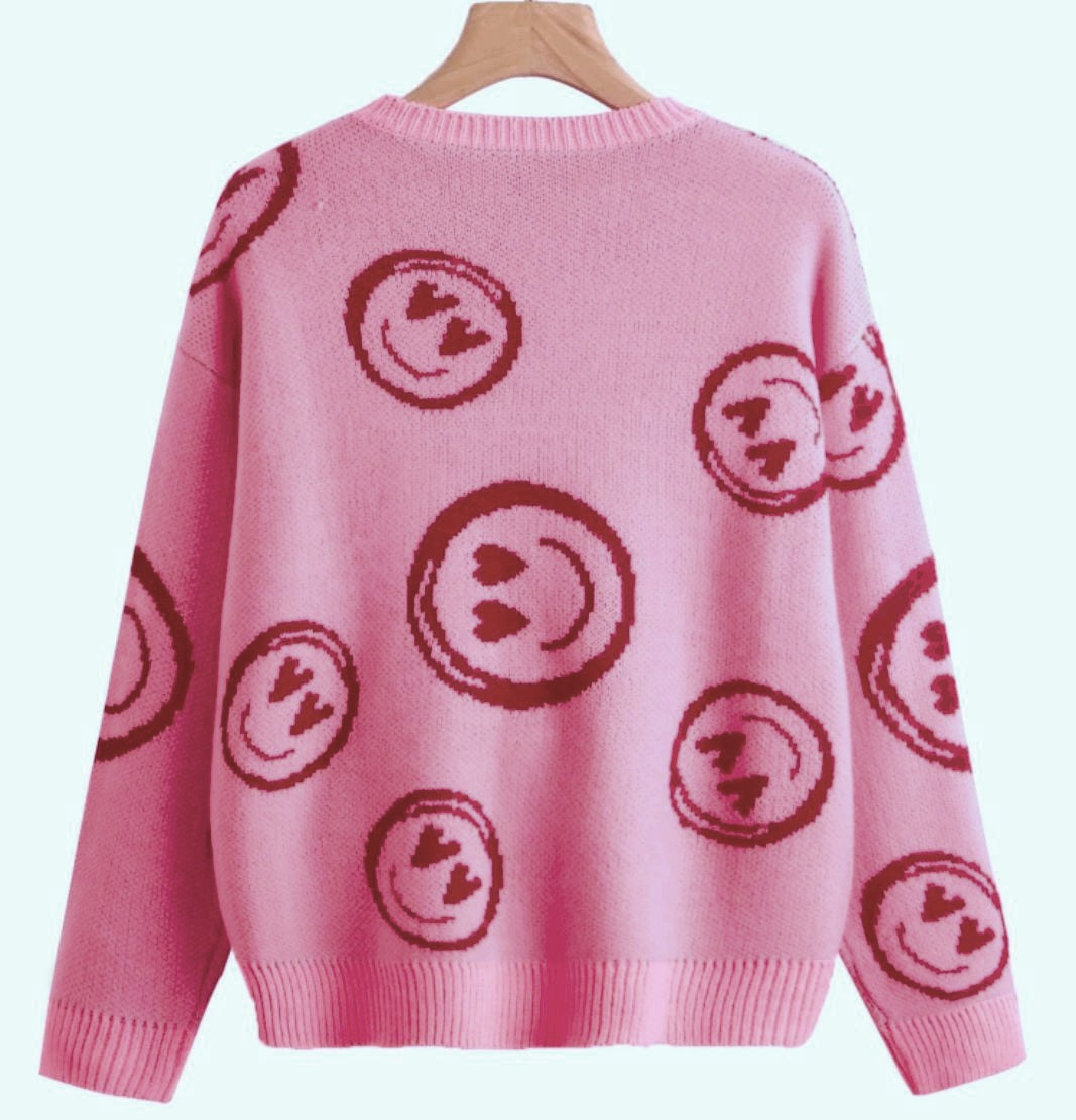 Autumn winter Pink smiley face sweater women's knitted round neck  tops female Korean loose oversized short bottoming sweaters