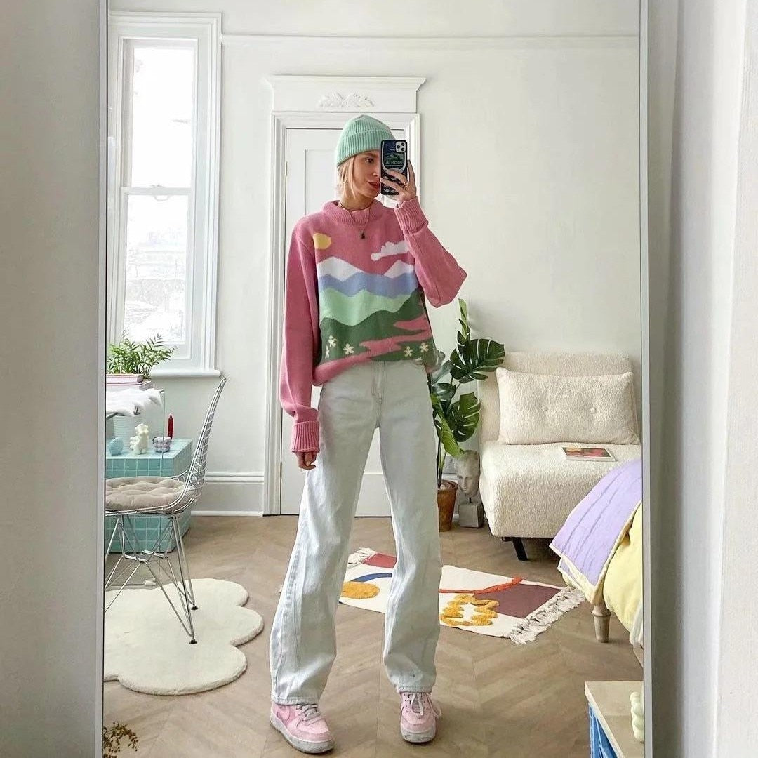 Warm Y2K fall/winter pullover sweater new pink cute loose wild pullover round neck pink sweater