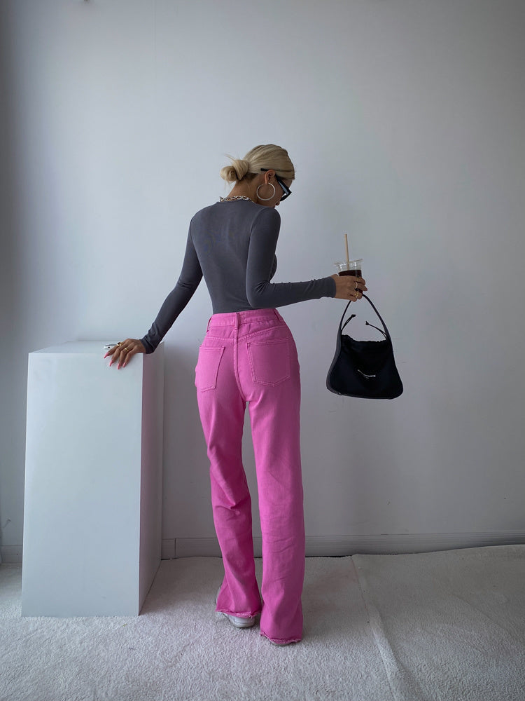Candy Color High Waist Straight Wide Legs Pants Thin Jeans Women's Green Pants Denim Trousers Fashion Korean Women M8A