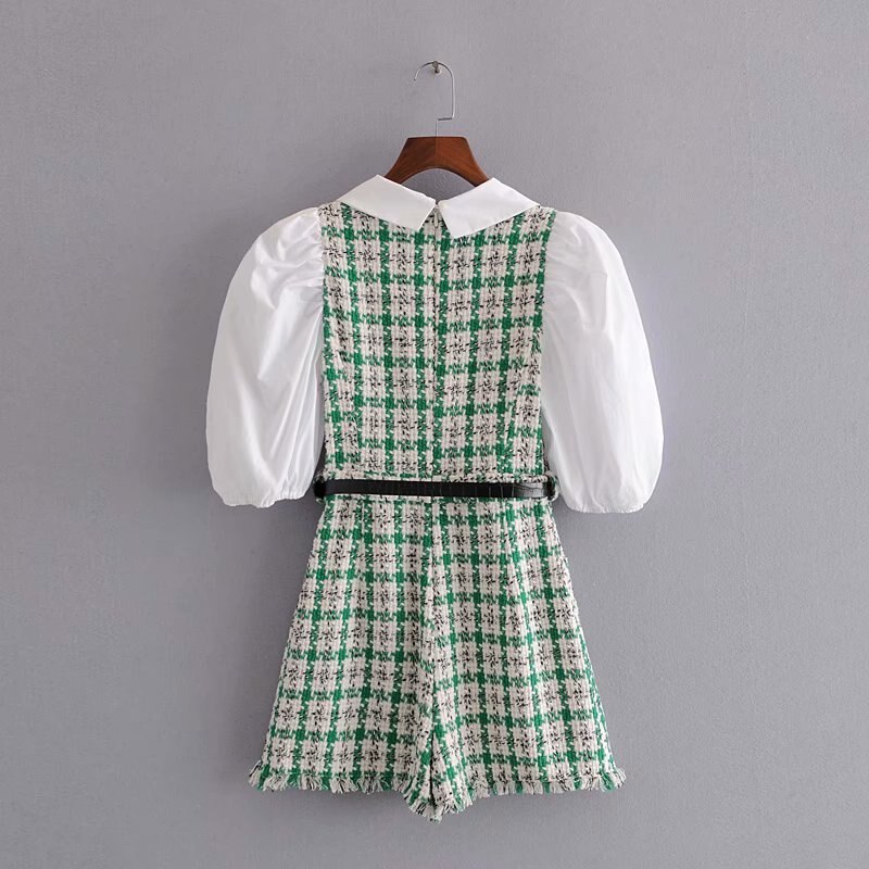 Elegant women tweed rompers 2022 fashion ladies green plaid rompers streetwear female sweet pocket playsuit girls chic romper
