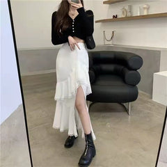 Casual High Waist Irregular Skirt Women White Korean Designer Ruffles Split Skirt Slim Office Lady Streetwear Chic Party Clothes