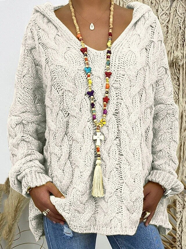 autumn women hooded sweater casual loose long knitted pullover wide rope England style v-neck sweater tops oversized sweater
