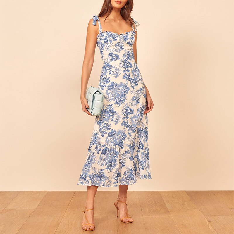 Bella 2022 new Elastic Summer Dress Vintage Floral Print Dress Woman Sexy Spaghetti Strap Tie Chiffon Elegant Ruffle Midi Dress