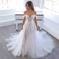 Beach Wedding Dress 2022 Lace Applique Wedding Gowns Off the Shoulder High Side Slit Princess Bride Dresses Boho Bridal Gown