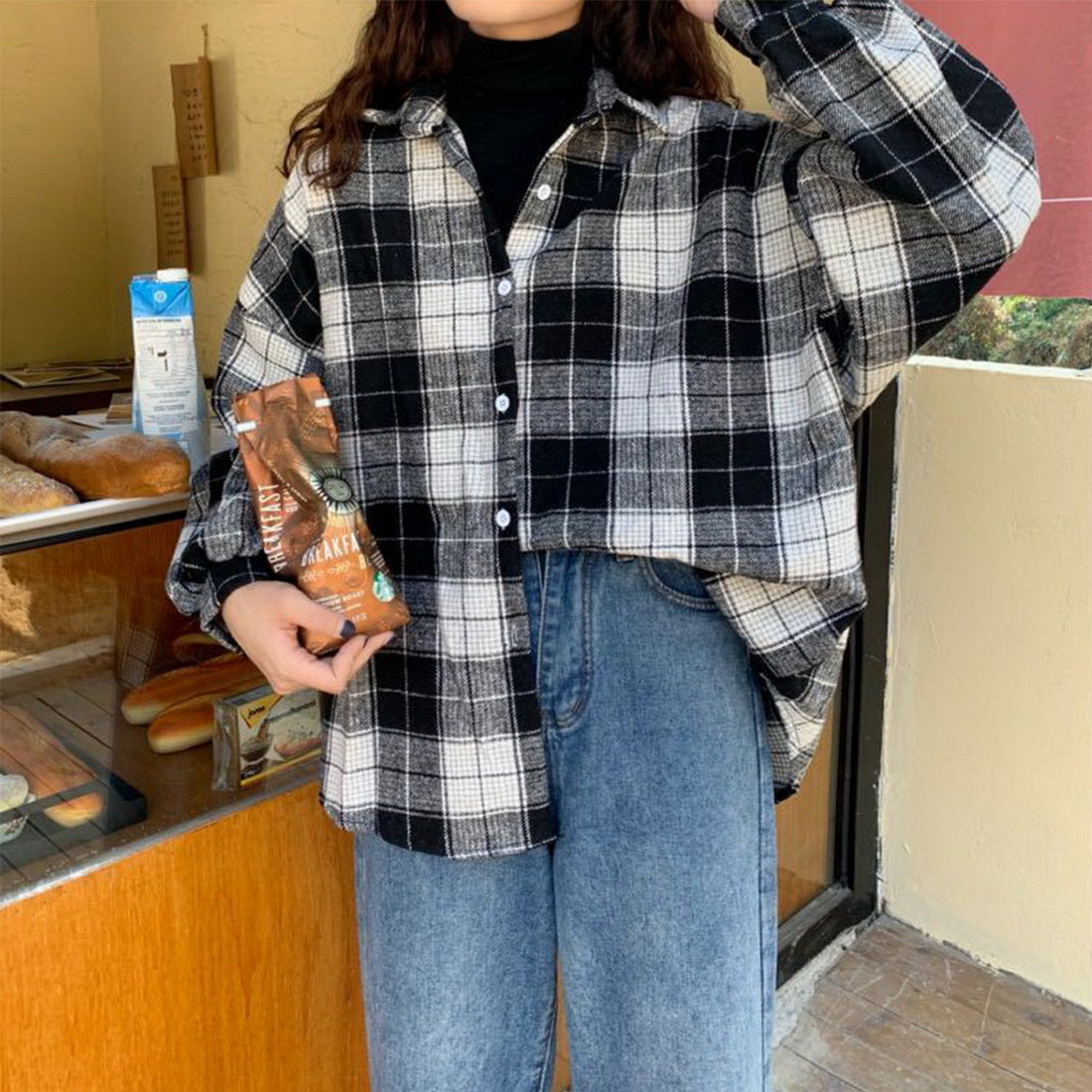 Women Vintage Warm Shirt Jacket Autumn Winter Plaid Long Shirt Jacekt Casual Loose Buttons Pockets Turn down Shirt Coat