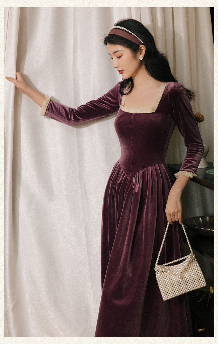 Vintage Velvet Dress Woman Solid Claret & Purple Color Square Collar Ruffles Elegant Lady Dinner Dresses Retro Vestido Festa