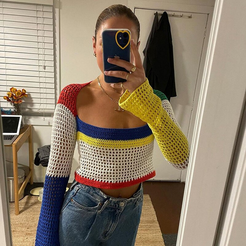 New Women Sweater Pullover Sexy Hollow Out Casual Solid Color Classic Square Neck Tops Loose Autumn Spring Knitting Clothes