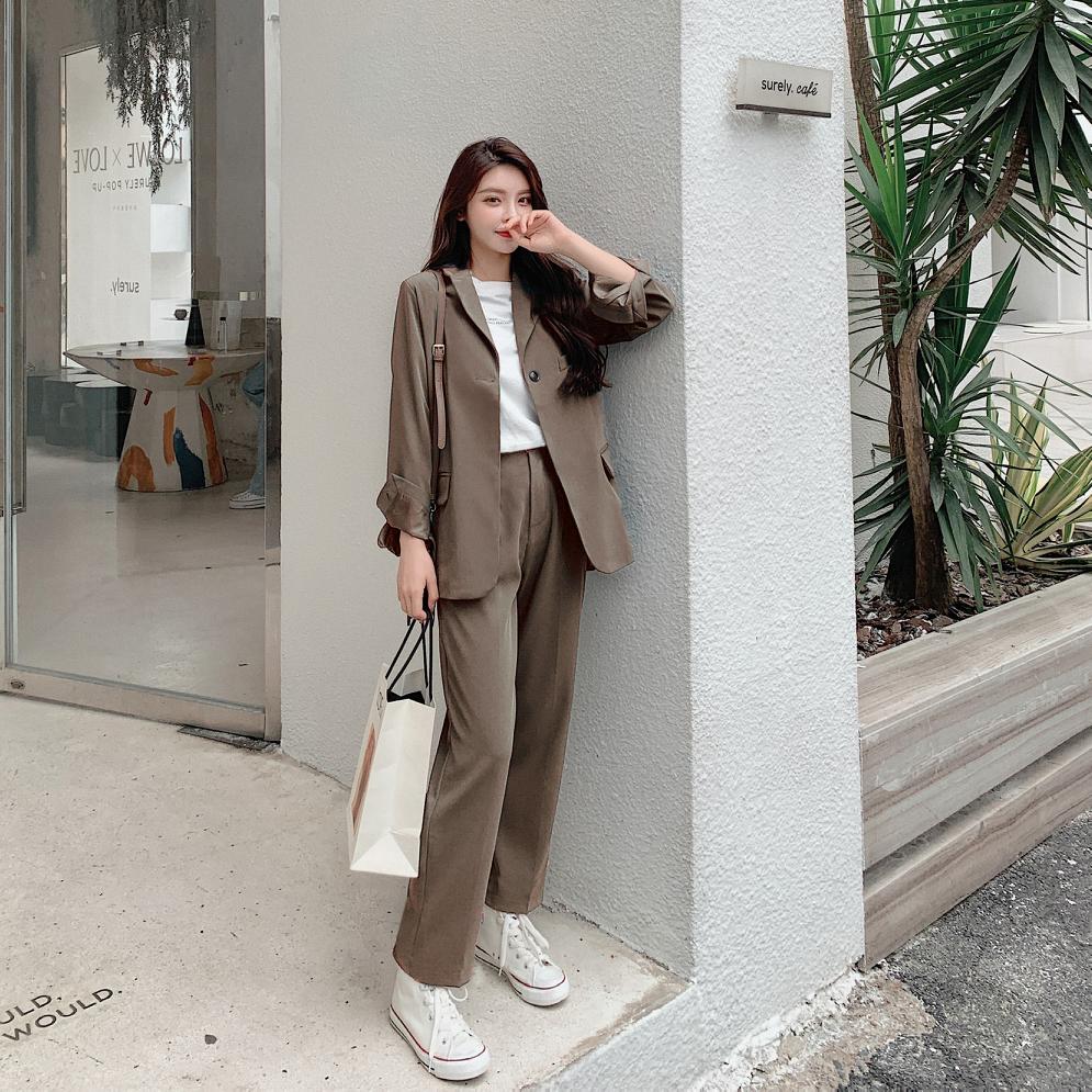 Spring Autumn Women's Blazer Suit Office Ladies Elegant Solid Pantsuit Female Casual Work Wear 2 Piece Set Clothes
