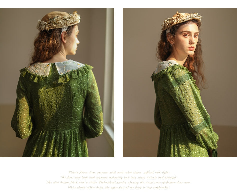 Lizakosht Green Dress SpringSummer Women Vintage Elegant Slim Long Sleeve Embroidery Lace V-Neck Cotton Long Dress ropa mujer talla grande