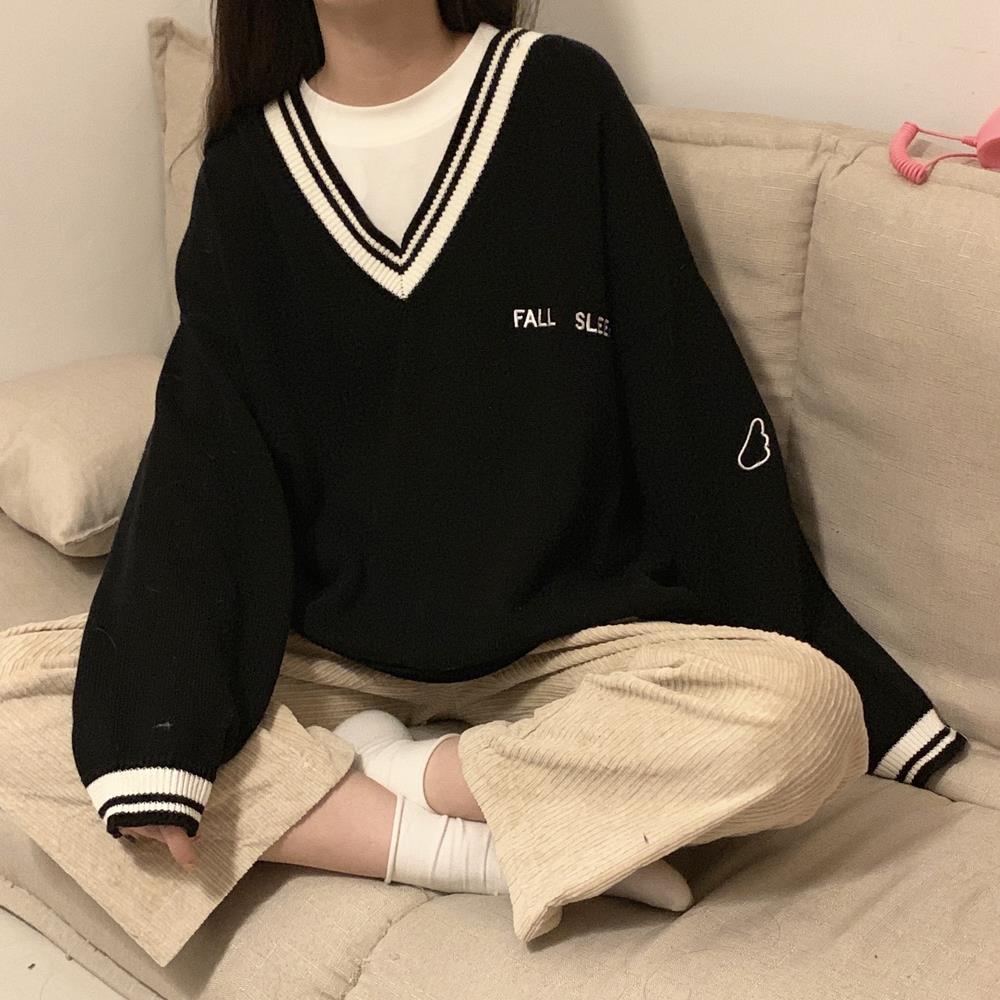 Sweaters Women Ulzzang Letter Chic Vintage V-neck Daily Oversize Girls Pullovers Student Fall Casual All-match Ins Women Sweater