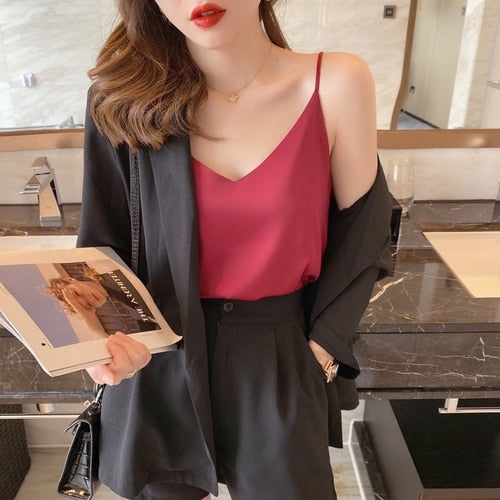Korean Silk Women Tops Camis Woman Satin Tank Top Fashion Lady V-Neck Camis Women Sleeveless White Tops Sexy Halter Top XXXL