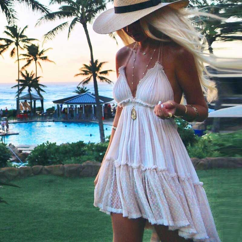Lizakosht  summer dress cotton lace pleated halter backless beach dresses V-neck sexy dress women bohemian vestidos