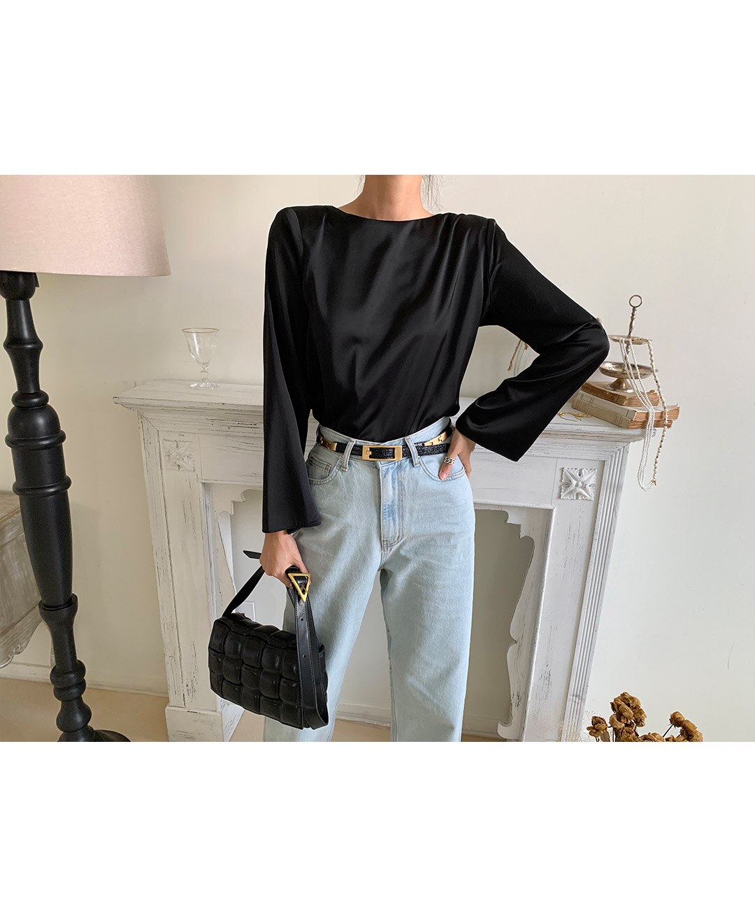 Lizakosht Women's shirt autumn new V-neck metal chain decoration Slim all-match long-sleeved shirt