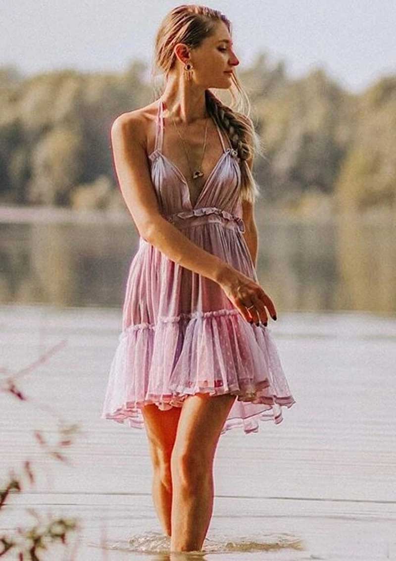 Lizakosht  summer dress cotton lace pleated halter backless beach dresses V-neck sexy dress women bohemian vestidos