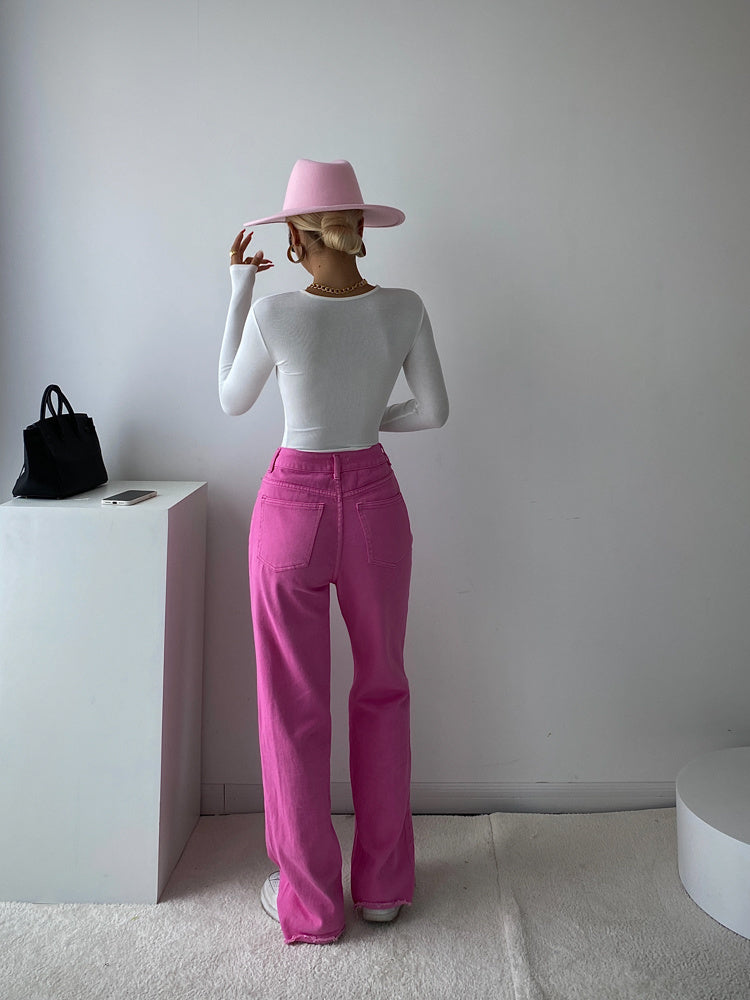 Candy Color High Waist Straight Wide Legs Pants Thin Jeans Women's Green Pants Denim Trousers Fashion Korean Women M8A